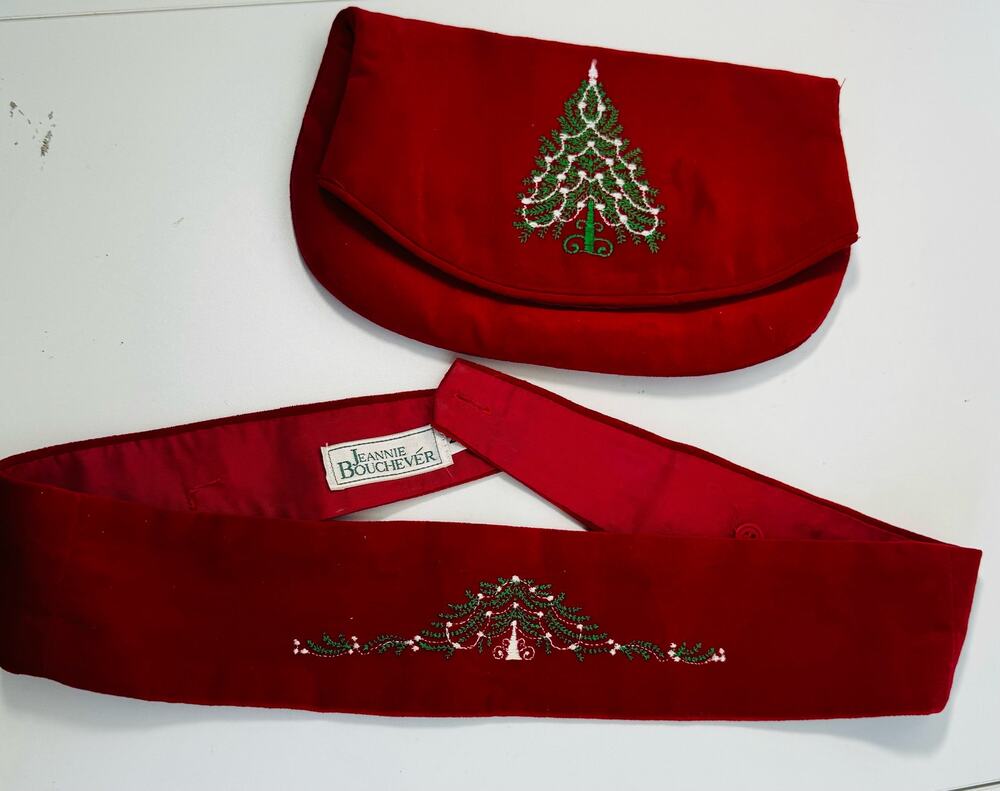 Vintage Rare Jeannie Bouchever Holiday Red Velour Clutch and Belt Set 1980s
